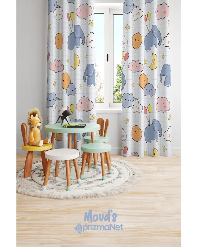 Minik Fil Desenli Baskılı Çocuk ve Bebek Odası Fon Perdesi 2 Kanat - PRD-16 - 2