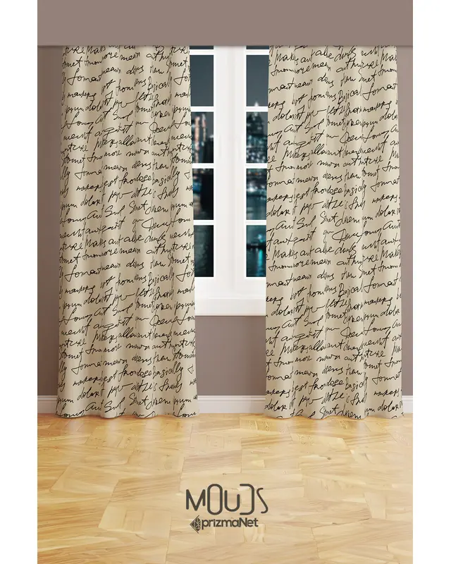 Cream Handwriting Patterned Suede Living Room Decorative Curtain Pencil Pleat Body - Set of 2 Panels - PRD-1096 - 2