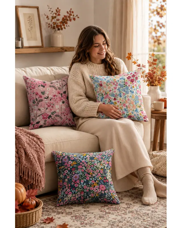 Double-Sided Printed Pastel Flower Pattern Set of 3 Coordinated Suede Cushion Cover - 2