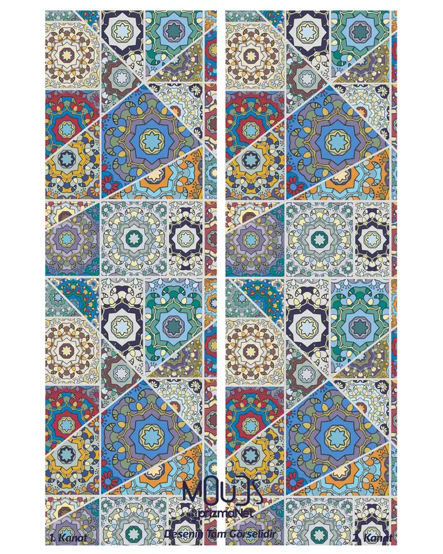Mosque Tiles 4 Patterned Suede Living Room Decorative Curtain Printed Pencil Pleat Mattress 7 days - Set of 2 Panels - PRD-1087 - 3