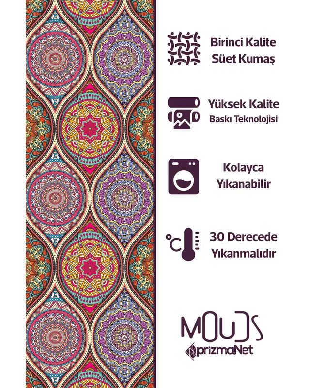 Renkli Mandala Desenli Süet Oturma Odası Salon Fon Perde Baskılı Ekstrafor Büzgü 2 Kanat PRD-1102 - 6
