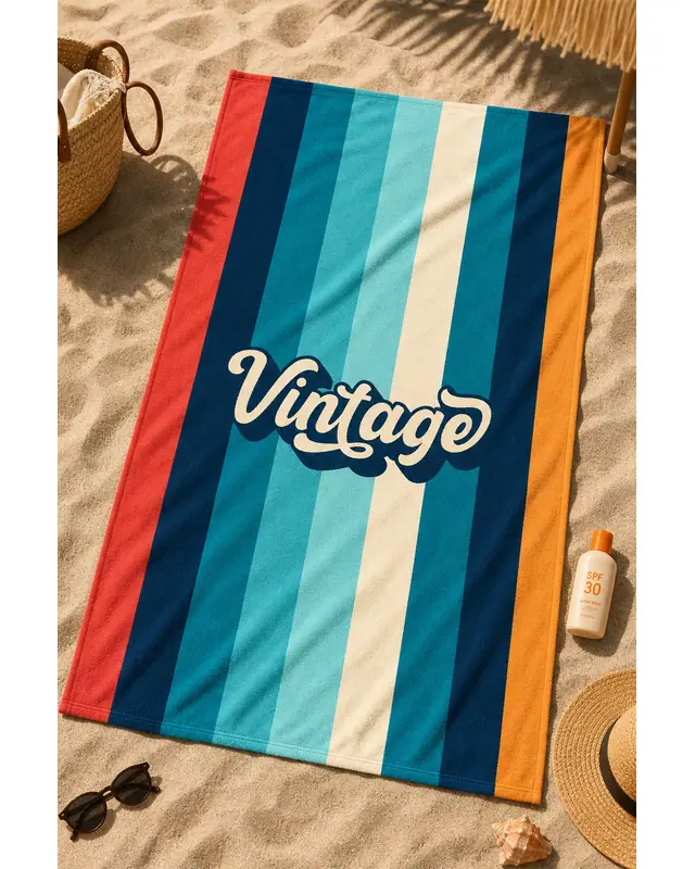 Dijital Baskılı 70x150cm Retro Kuşak Desenli Plaj Havlusu - Banyo Havlusu - Deniz Havlusu