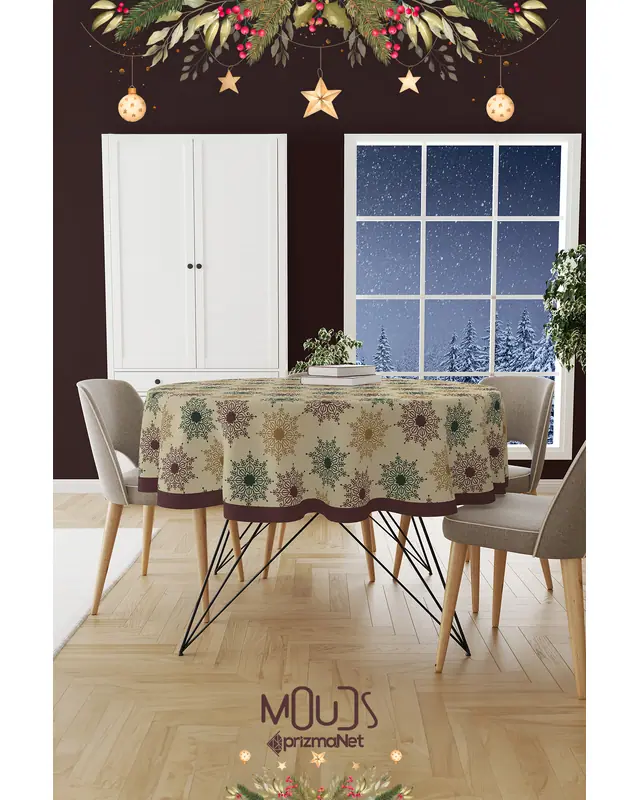 Beige Snowflakes Christmas Round Easy-Care Suede-Feel Tablecloth - MSY-274 - 2