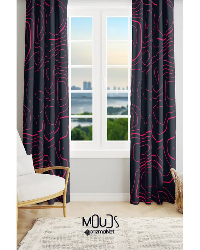 Wave Fuchsia Patterned Suede Living Room Decorative Curtain Pencil Pleat - Set of 2 Panels - PRD-1097