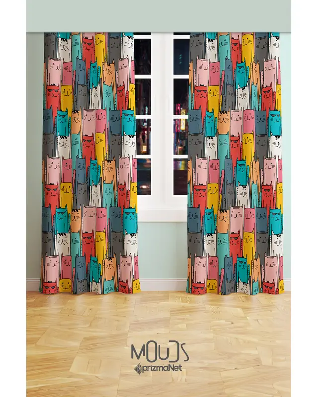 Stray Cat Patterned Decorative Curtain Teen Room Living Room Printed Suede Pencil Pleat Off - Set of 2 Panels - PRD-2013 - 2