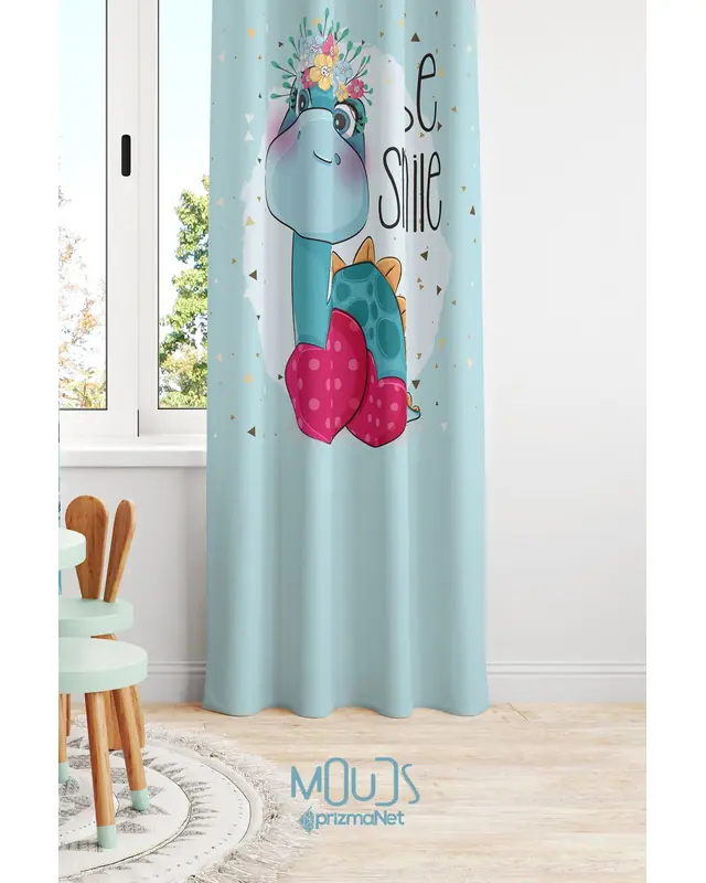 Minik Dinosaur Patterned Decorative Curtain Kids' and Baby Room Printed Suede Pencil Pleat - Single Panel - PRD-09-TK - 2