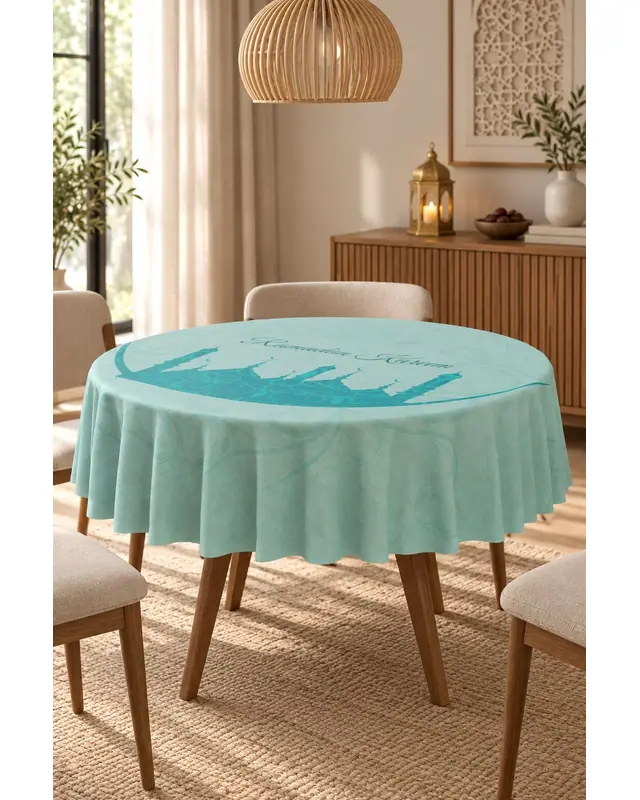 Ramadan Turquoise Mosque Silhouette Round Easy-Care Suede-Feel Tablecloth - MSY-257