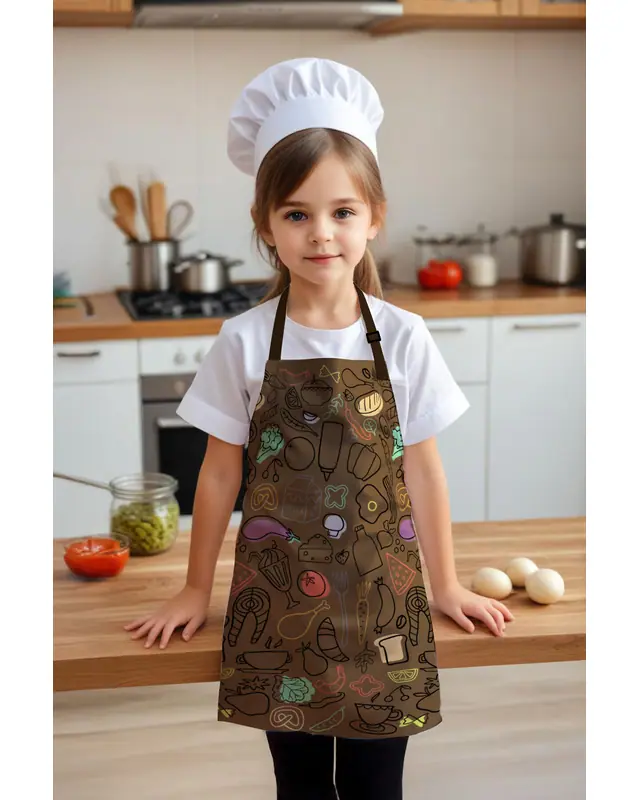 Child Kitchen Apron, Activity Bib, Patterned Kitchen Apron, 55 cm Size 40 cm Width Children's Front - MTC-09 - 2