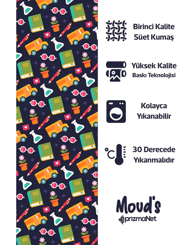 Lacivert Defter Kalem Desenli Yuvarlak Süet Dertsiz Masa Örtüsü - 2