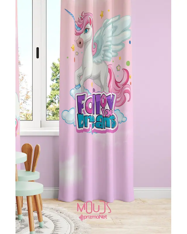 Rüya Unicorn Desenli Fon Perde Çocuk ve Bebek Odası Süet Dijital Baskı Ekstrafor Büzgü TEK KANAT