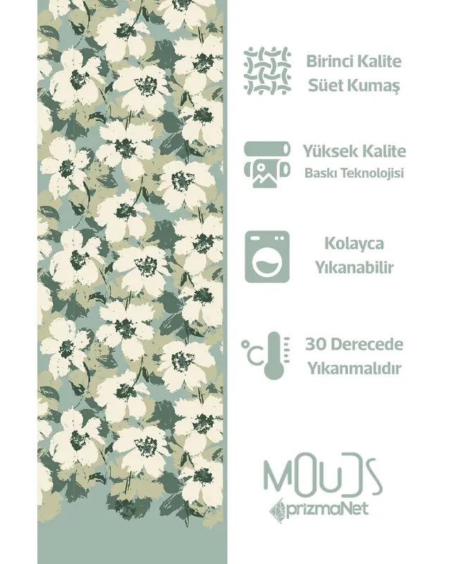 Green Floral Patterned Suede Living Room Decorative Curtain Printed Pencil Pleat - Set of 2 Panels - PRD-1037 - 6