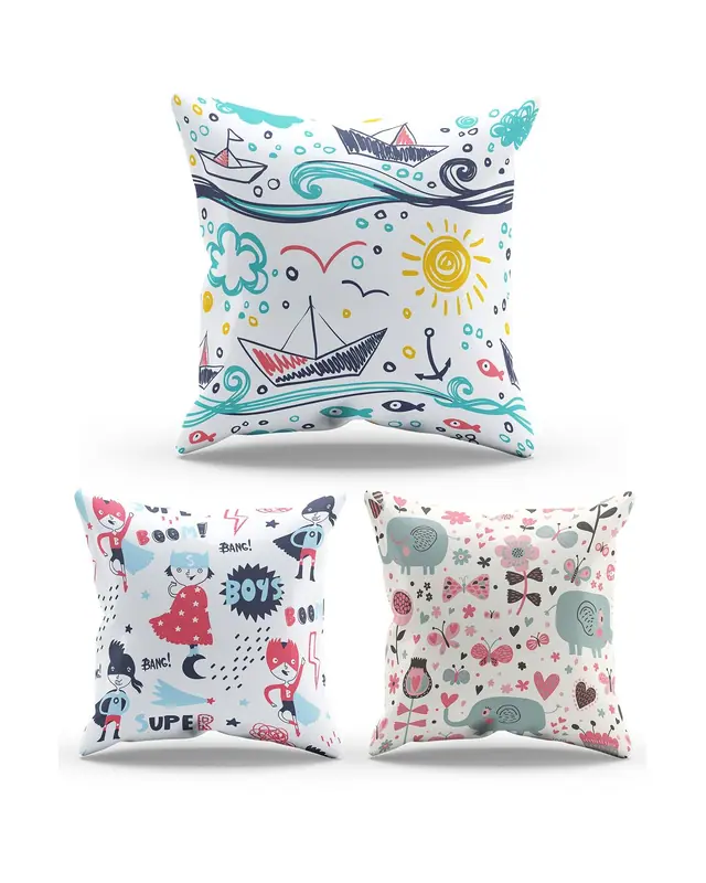 Double-Sided Printed Kids Pattern Set of 3 Coordinated Suede Cushion Cover