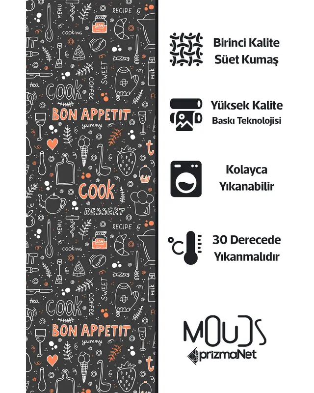 Süet Dokulu Kumaş Bon Appetit Cook Desenli Mutfak Önlüğü, Aşçı Önlüğü, Garson Önlüğü, Restoran Önlük - 2