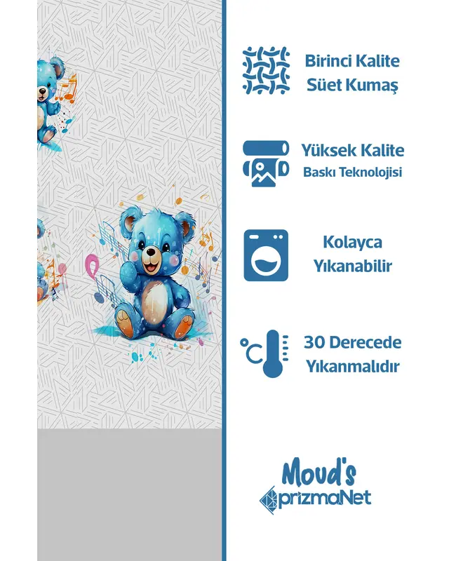 Blue Bear Patterned Printed Kids' and Baby Room Decorative Curtain - Set of 2 Panels - PRD-02 - 4