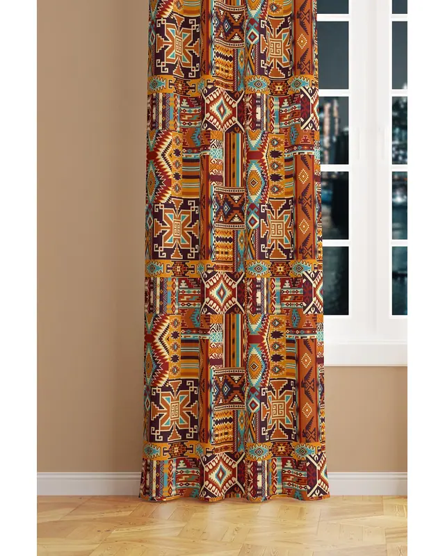 Etnik Kilim Desenli Süet Oturma Odası Salon Fon Perde Baskılı Ekstrafor Büzgü Tek Kanat Prd-1019