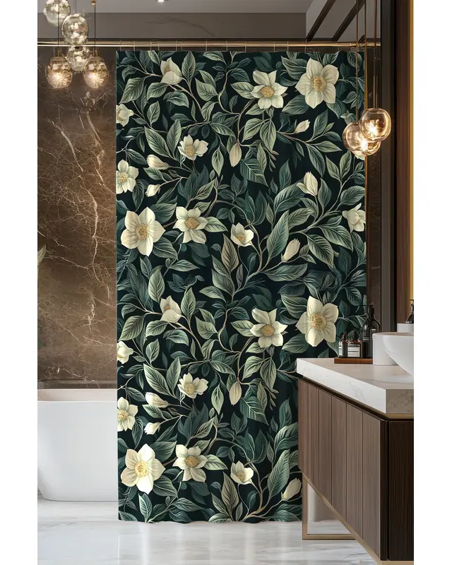 Banyo Perdesi, Gece Çiçeği Desenli Duş Perdesi, Küvet Perdesi, Halka Hediyeli 175x200cm BP-55