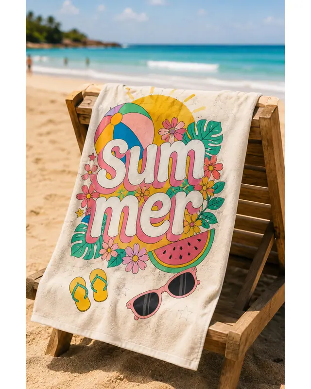 Dijital Baskılı 70x150cm Summer Desenli Plaj Havlusu - Banyo Havlusu - Deniz Havlusu