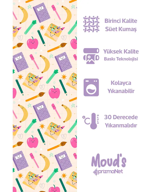 Krem Defter Ve Kalem Desenli Yuvarlak Süet Dertsiz Masa Örtüsü - 2