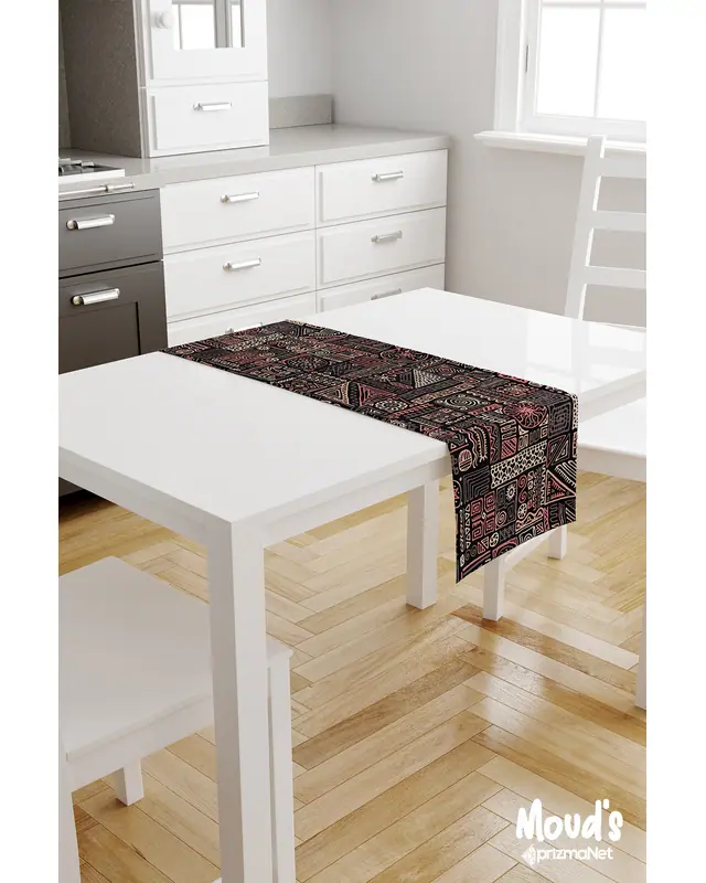 Hitit Figür Pattern Printed Suede Table Runner - 2