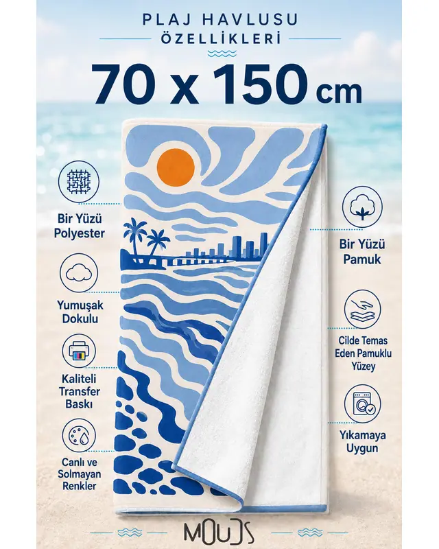 Dijital Baskılı 70x150cm Mavi Körfez Desenli Plaj Havlusu - Banyo Havlusu - Deniz Havlusu - 2