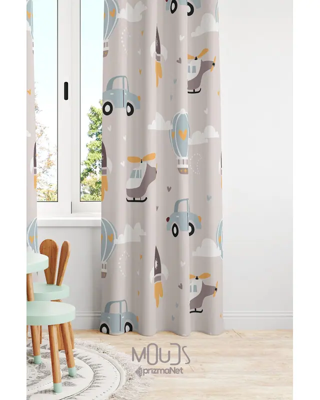 Car and Helicopter Patterned Decorative Curtain Kids' and Baby Room Printed Suede Pencil Pleat - Single Panel - PRD-03-TK - 2
