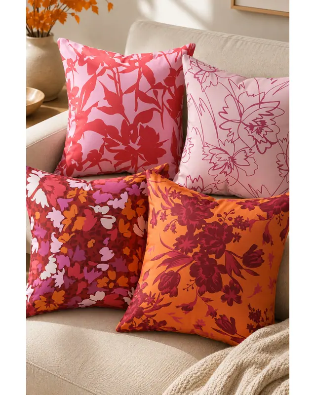 Double-Sided Printed Burgundy Pattern Set of 4 Coordinated Suede Cushion Cover