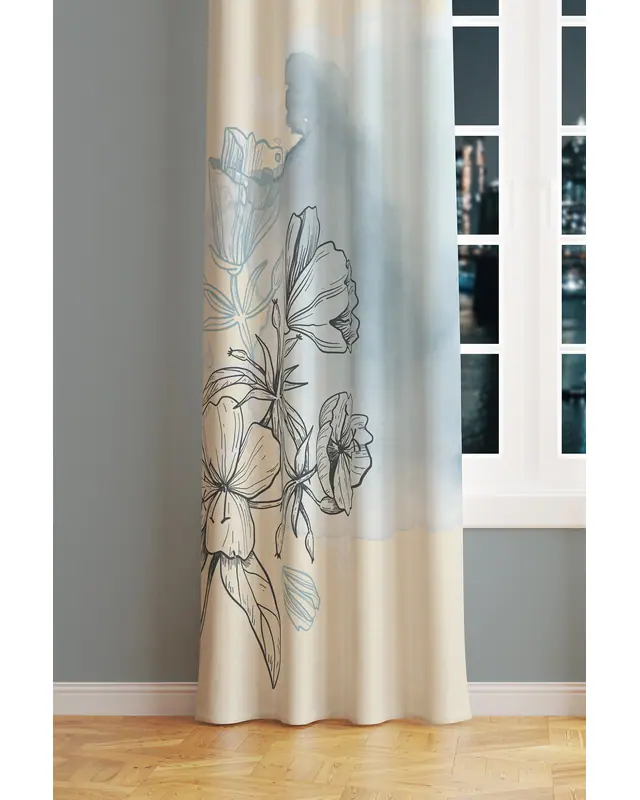 Blue Line Floral Patterned Suede Living Room Salon Decorative Curtain Printed Pencil Pleat - Single Panel - PRD-1051-TK - 2