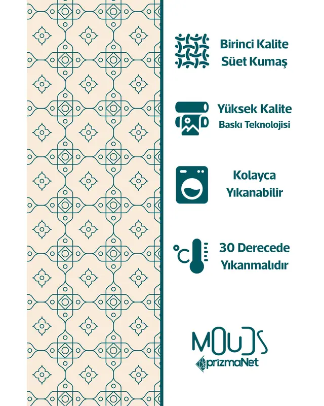 Beyaz Süsleme İslamik Desenli Süet Kumaş Dertsiz Yuvarlak Masa Örtüsü - 6