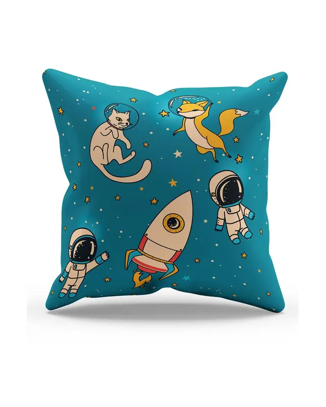 Çift Tarafı Baskılı Astronot Kedi Ve Tilki Desenli Süet Kırlent Kılıfı