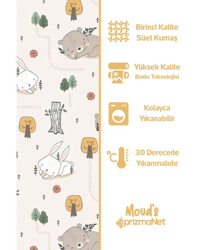 Rabbit and Bear Patterned Printed Kids' and Baby Room Decorative Curtain - Set of 2 Panels - PRD-04 - 4