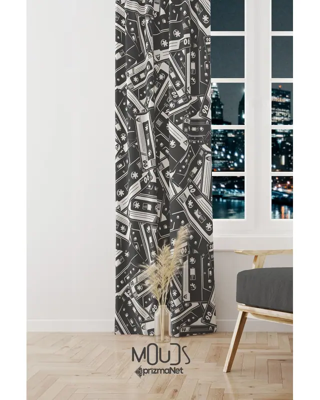 Black Cassette Patterned Decorative Curtain Teen Room Living Room Digital Printed Suede Pencil Pleat - Single Panel - PRD-2023-TK - 2