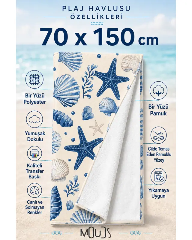 Dijital Baskılı 70x150cm Deniz Kabukları Desenli Plaj Havlusu - Banyo Havlusu - Deniz Havlusu - 2