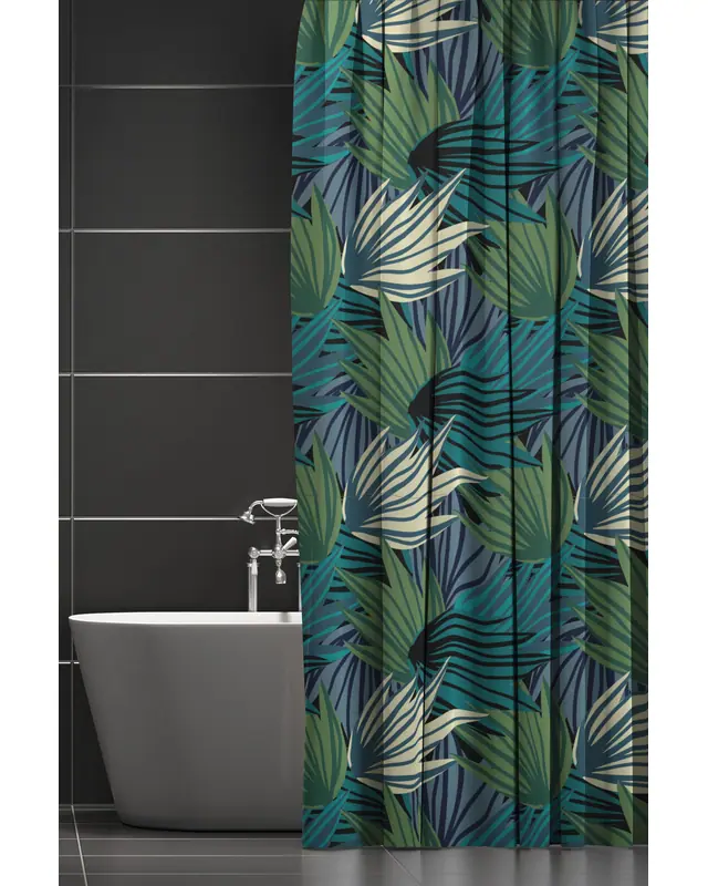 Banyo Perdesi, Tropik Çiçek Gölge Desenli Duş Perdesi, Küvet Perdesi, Halka Hediyeli 175x200cm BP-76