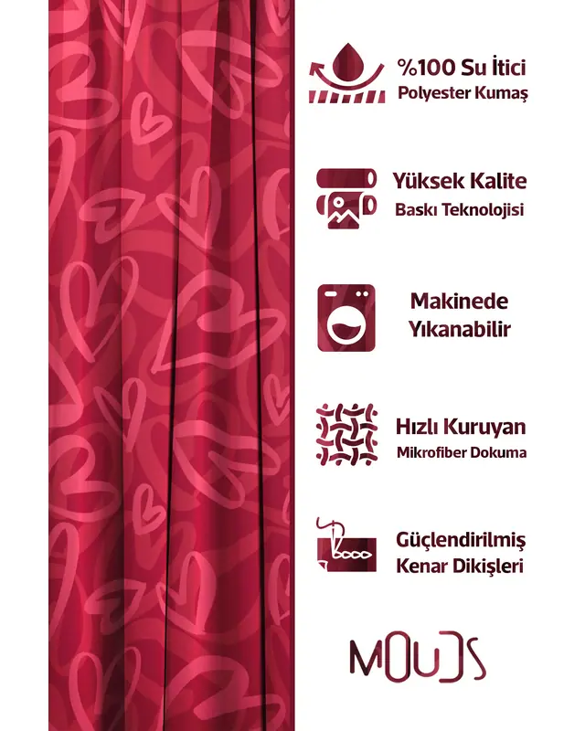 Shower Curtain, Red Pink Heart Patterned Shower Curtain, Bathtub Curtain, Rings Included 175x200cm - BP-65 - 2