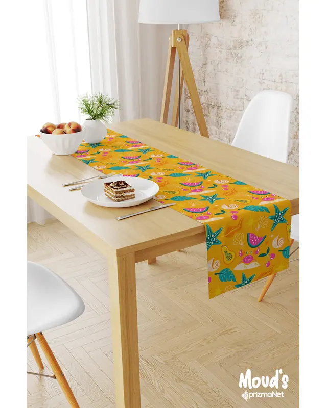 Turuncu Karpuz ve Mango Desenli Baskılı Süet Runner Masa Örtüsü