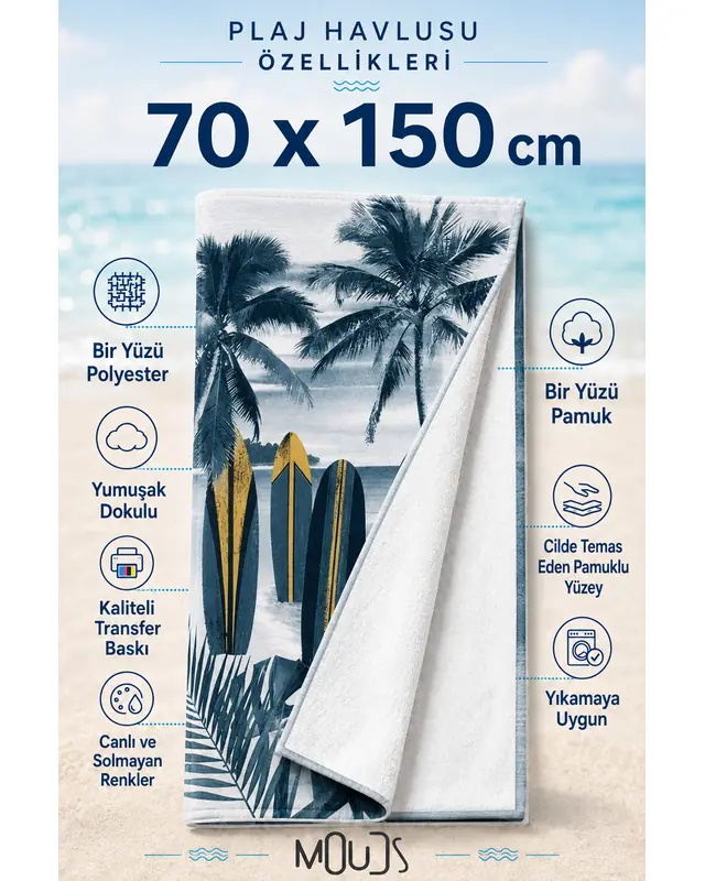 Dijital Baskılı 70x150cm Gri Palmiyeler Desenli Plaj Havlusu - Banyo Havlusu - Deniz Havlusu - 3