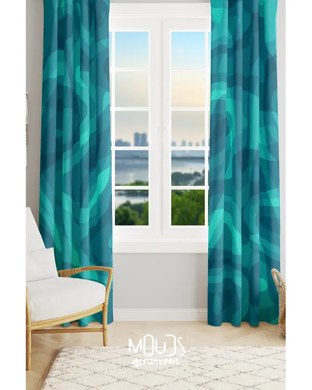 Light Blue Wave Patterned Suede Living Room Decorative Curtain Printed Pencil Pleat - Set of 2 Panels - PRD-1002