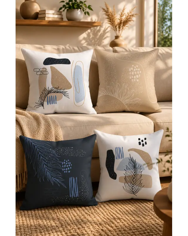 Double-Sided Printed Tüy Series Pattern Set of 4 Coordinated Suede Cushion Cover - PLG157