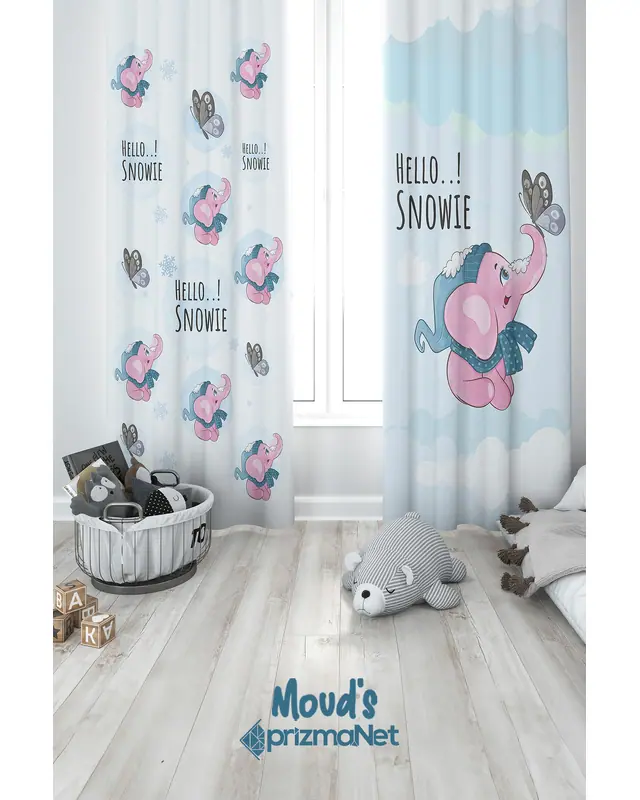 Pembe Fil Desenli Baskılı Çocuk ve Bebek Odası Fon Perdesi 2 Kanat - PRD-24