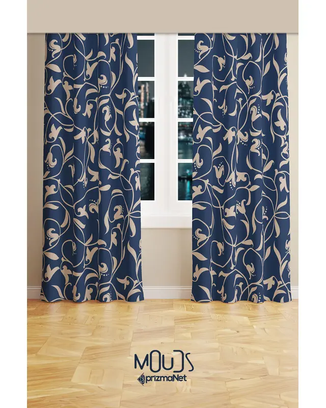 Navy Vintage 2 Patterned Suede Living Room Salon Decorative Curtain Printed Pencil Pleat - Set of 2 Panels - PRD-1065 - 2