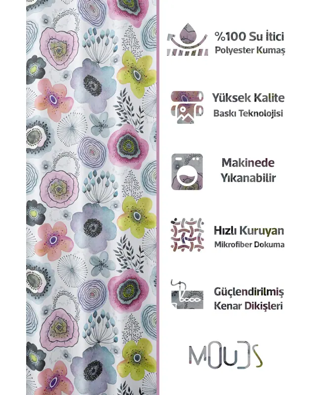 Shower Curtain, Water Flower Patterned Shower Curtain, Bathtub Curtain, Rings Included 175x200cm - BP-99 - 2