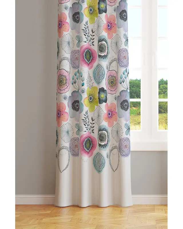 Water Blossom Patterned Suede Living Room Decorative Curtain Printed Pencil Pleat - Single Panel - PRD-1104-TK - 2