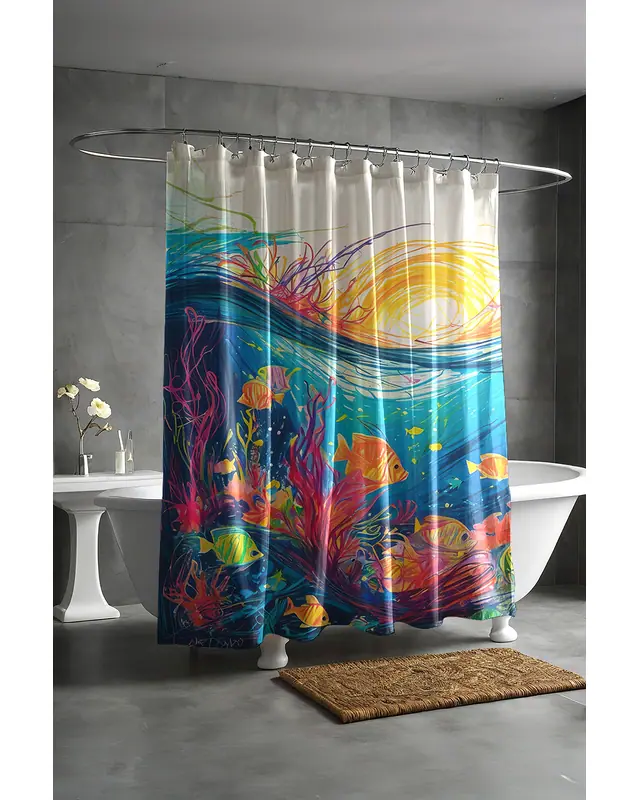 Banyo Perdesi, Renkli Balıklar Desenli Duş Perdesi, Küvet Perdesi, Halka Hediyeli 175x200cm BP-01