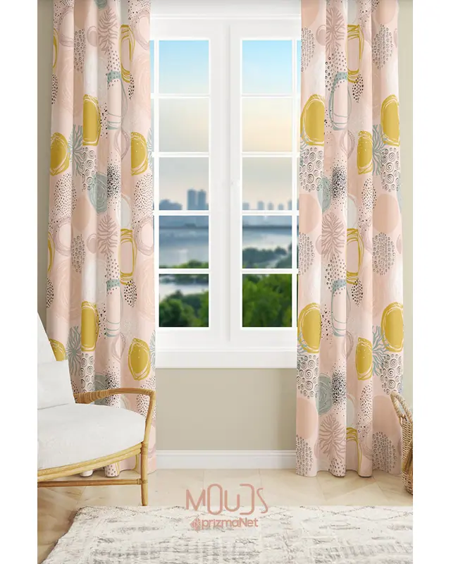 Xero Floral 1 Desenli Süet Oturma Odası Salon Fon Perde Baskılı Ekstrafor Büzgü 2 Kanat PRD-1081