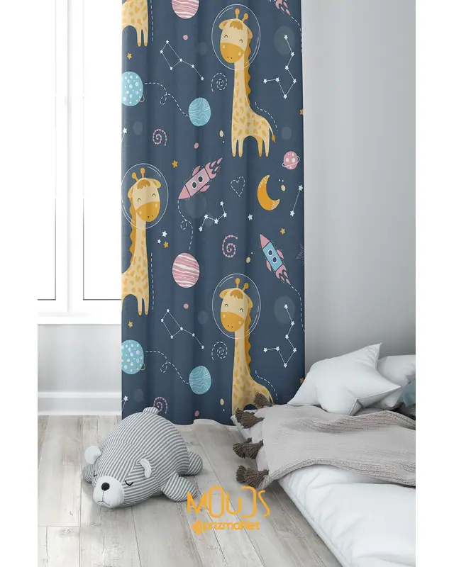 Space Giraffe Patterned Decorative Curtain Kids' and Baby Room Digital Printed Suede Pencil Pleat - Single Panel - PRD-17-TK - 2