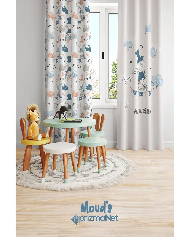 Hokkabaz Köpekcik Desenli Baskılı Çocuk ve Bebek Odası Fon Perdesi 2 Kanat - PRD-22 - 2