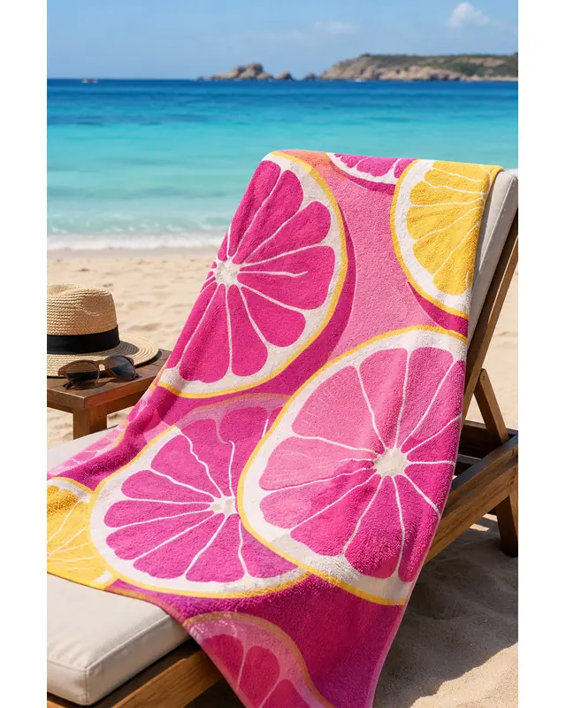 Dijital Baskılı 70x150cm Pembe Greyfurt Desenli Plaj Havlusu - Banyo Havlusu - Deniz Havlusu - 3