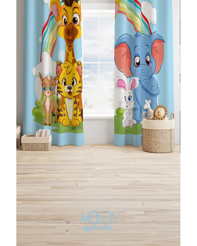 Puppy Patterned Decorative Curtain Kids' and Baby Room Printed Suede Pencil Pleat - Set of 2 Panels - PRD-70 - 2
