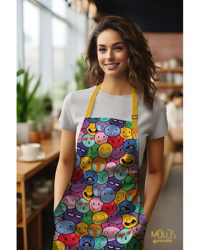 Süet Dokulu Kumaş Emoji Desenli Mutfak Önlüğü, Aşçı Önlüğü, Garson Önlüğü, Restoran Önlük - 2