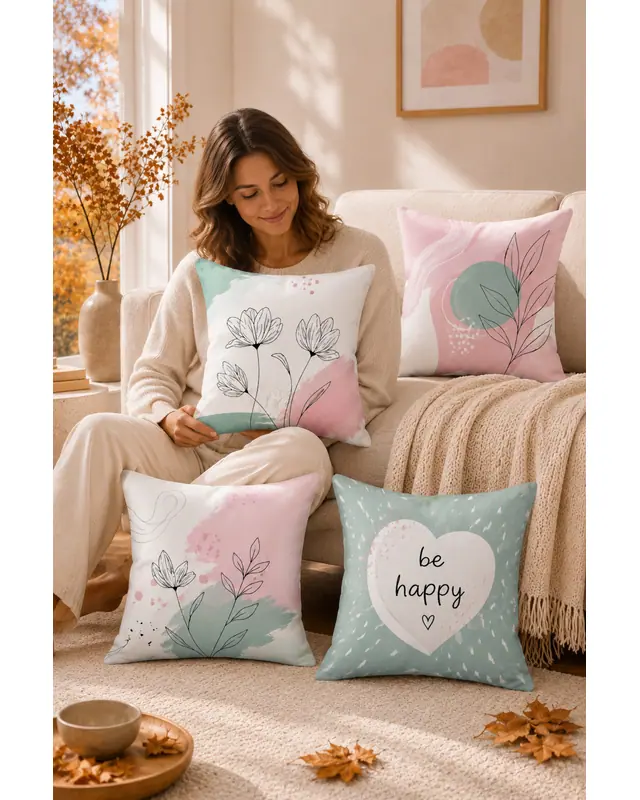 Mouds Set of 4 Be Happy Pattern Decorative Cushion Cover Set 43x43 cm - 3